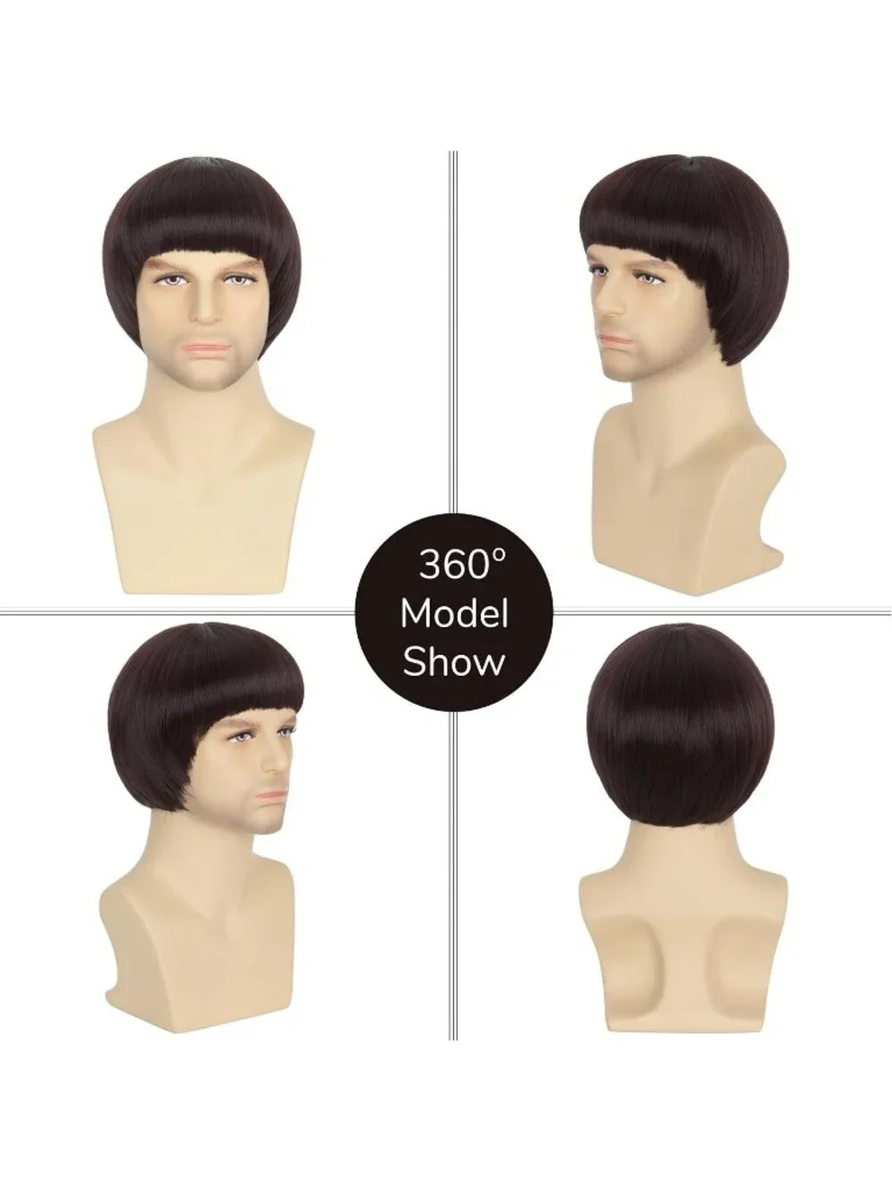 Men's Dark Brown Retro Bowl Cut Straight Synthetic Mushroom Hairpiece Bangs Wig